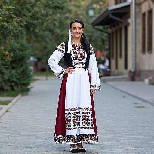 Photograph of a smiling woman with long black hair in traditional Eastern European folk attire, standing on a paved street with buildings and greenery in the background