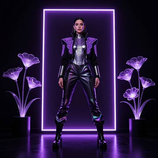 Photograph of a woman in a metallic, purple-accented black outfit, standing confidently in front of a glowing purple square frame with neon purple flowers
