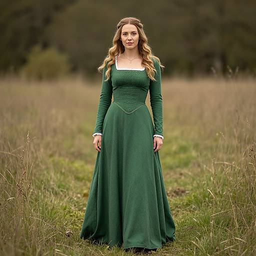 Photograph of a woman with wavy blonde hair, wearing a long-sleeved, green, medieval-style dress, standing in a grassy field