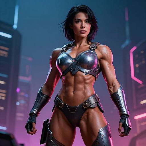 CGI image of a muscular, dark-haired woman in metallic armor, standing confidently in a neon-lit cyberpunk cityscape at night.