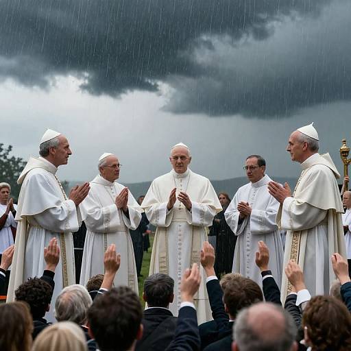 Photograph of Pope Francis and five cardinals in white robes clapping outdoors during a rainstorm, with a crowd of applauding people in the foreground