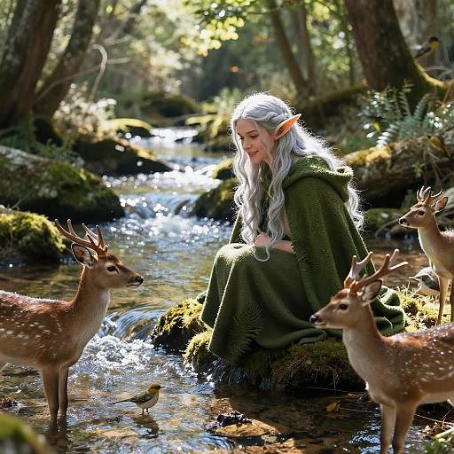 Fantasy photograph of an elven woman with long white hair, green cloak, sitting by a sunlit forest stream, surrounded by three deer and a