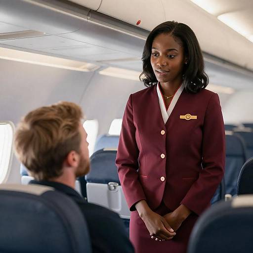 Maroon-Uniform Flight Attendant and Passenger