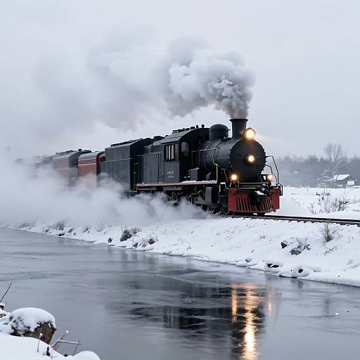 Photograph of a black steam locomotive with white smoke, red accents, and glowing front light, traveling through a snowy winter landscape with a frozen river