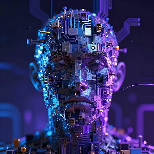 Digital art of a cybernetic face blending human and circuitry elements, illuminated in vibrant blue and purple hues, with glowing circuit patterns against a dark