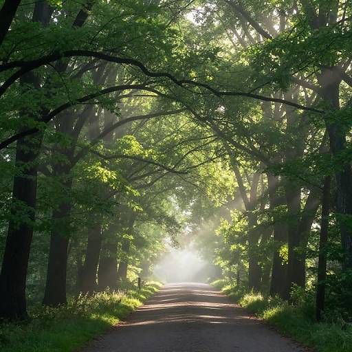 Photograph of a sunlit, tree-lined forest path, with sunlight filtering through dense green foliage, casting dappled shadows on the path.