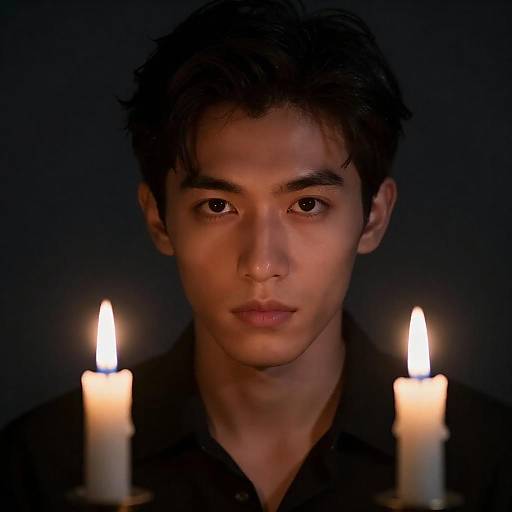 Intense Portrait of Young Man with Candles