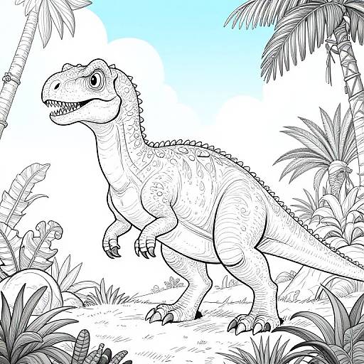 Black-and-white digital drawing of a detailed, standing dinosaur with scales, large eyes, and sharp teeth, surrounded by palm trees and tropical plants.