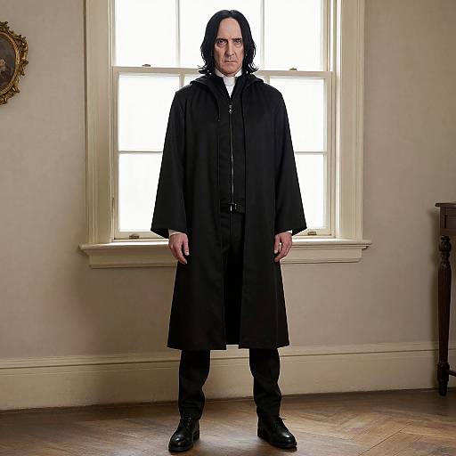 Photograph of a man with long black hair, wearing a black long coat, black pants, and black shoes, standing in front of a bright window