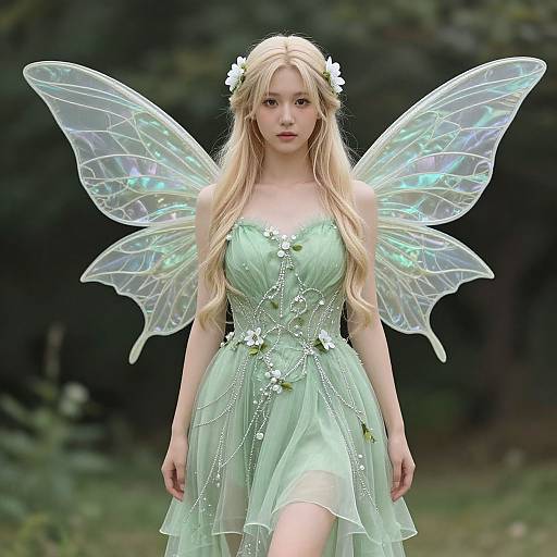 Photorealistic digital artwork of a fair-skinned, blonde fairy with iridescent wings, wearing a mint green, floral-embellished dress
