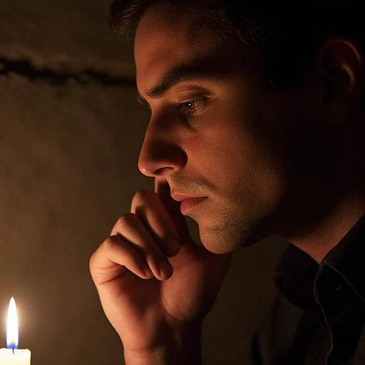 Close-up photograph of a pensive man with short dark hair, illuminated by a single candle, touching his chin in a dimly lit, shadowy