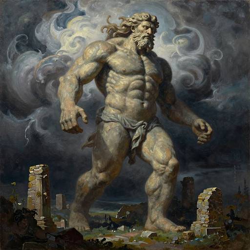 Digital painting of a muscular, bearded, Zeus-like giant with flowing hair, wearing a loincloth, standing amidst ruins under a stormy,