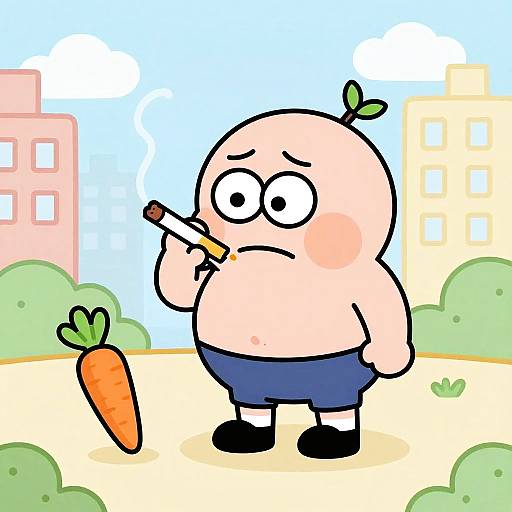 Cartoon of a worried, bald man with a carrot sprout on his head, smoking a carrot stick, standing in a sunny park with buildings.