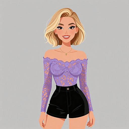 Digital illustration of a smiling blonde woman with fair skin, wearing a lavender lace off-shoulder top and black high-waisted shorts.