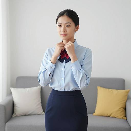 Asian Woman Adjusting Bow Tie Indoors
