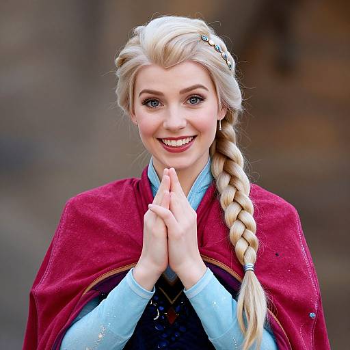 Photograph of a smiling young woman with platinum blonde hair in a braid, wearing a red cape and light blue shirt, hands clasped in front