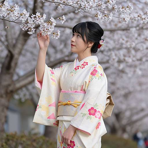 Photograph of an Asian woman in a white floral kimono, standing under cherry blossom trees, gently touching a bloom.