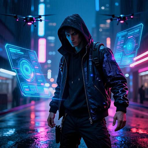 Cyberpunk night scene: brooding man in hooded jacket with glowing blue neon wings, standing on wet street, neon lights reflecting. Photoreal