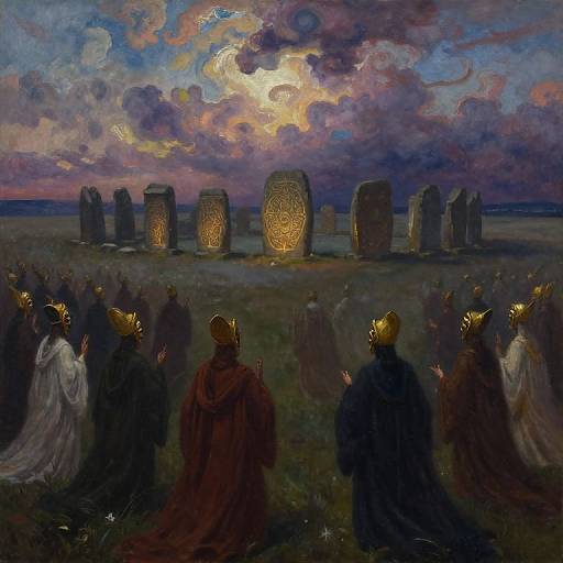 A mystical painting of a crowd in dark robes and golden crowns watching glowing stone monuments under a colorful, moonlit sky.