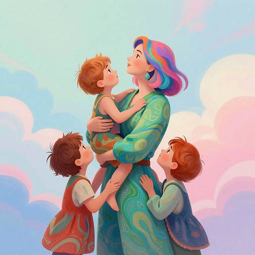 Digital illustration of a mother with rainbow hair, turquoise patterned dress, holding a baby, while two children gaze up at her against a pastel sky