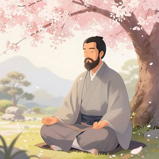 Bearded Samurai Meditating Under Cherry Blossoms