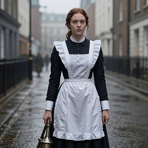 Photograph of a young Caucasian woman with fair skin and brown hair, wearing a black maid dress with white apron, standing on a wet, rainy