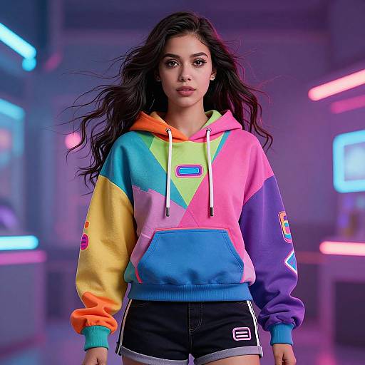 Photograph of a young woman with long black hair, wearing a colorful geometric-patterned hoodie and black shorts, standing in a neon-lit room.