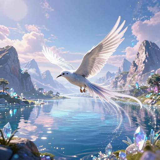 Digital artwork of a white dove with outstretched wings soaring over a luminous, crystal-filled lake surrounded by glowing mountains and a bright blue sky.
