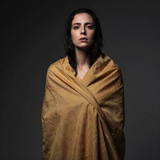 Photograph of a wet-haired, pale-skinned woman with dark eyes, wearing a gold, patterned shawl against a dark gray background.