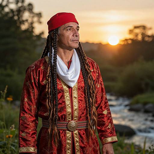 Confident Man in Red and Gold Attire