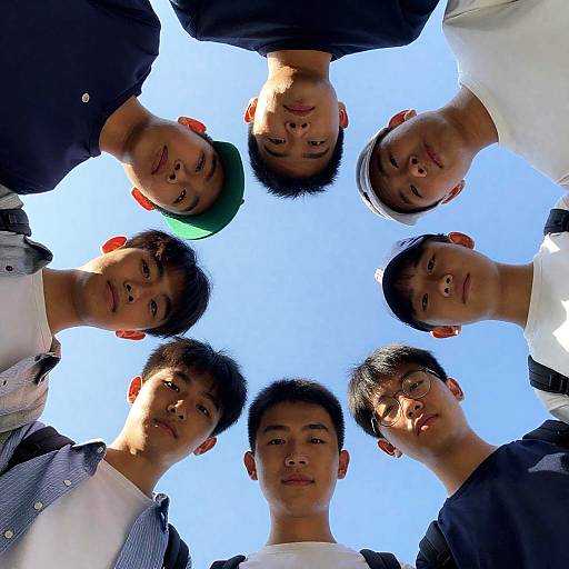 Eight Young Men with Hats Under Blue Sky