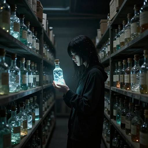 Photograph of a dark-haired woman in a black coat, holding a glowing, illuminated bottle amidst rows of dimly lit liquor bottles in a narrow,