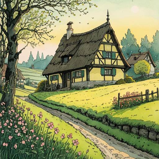 Charming Medieval Dutch Landscape Illustration