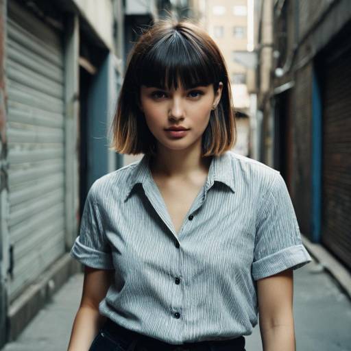 Young Woman with Short Fringe Hairstyle in Urban Alley