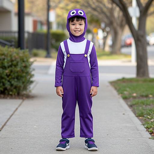 Photograph of an Asian toddler in a purple onesie with white accents, wearing matching hat with eyes, standing on a suburban sidewalk.
