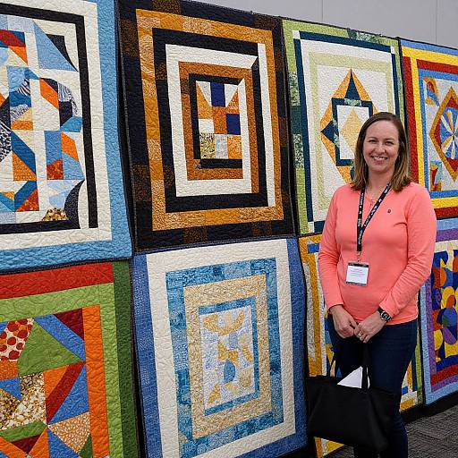 Photograph of a smiling woman in a pink long-sleeve top, standing beside a vibrant, multi-colored patchwork quilt display.