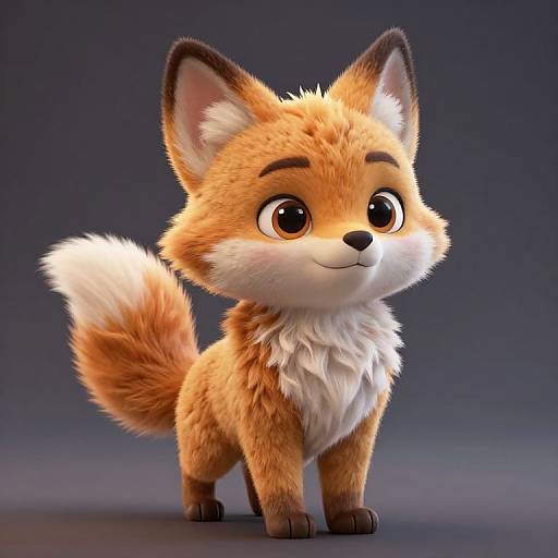 CGI image of a cute, fluffy, orange and white cartoon fox with large, expressive eyes and a smiling face, standing against a gradient blue background