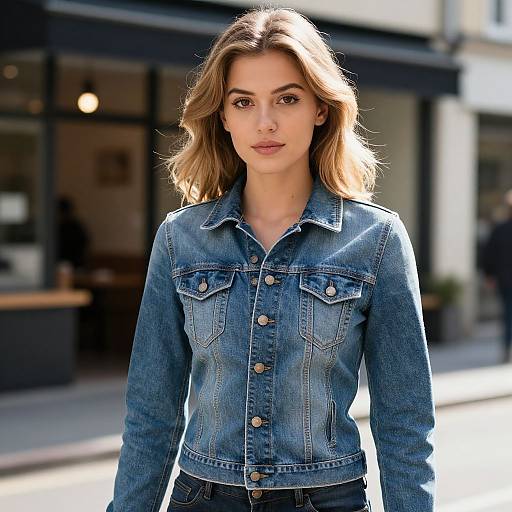 Photograph of a young woman with light brown wavy hair, wearing a blue denim jacket with silver buttons, standing outdoors in front of a blurred urban