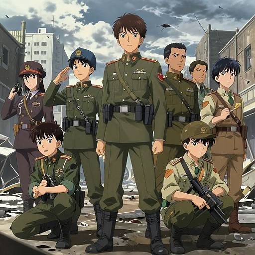 Digital anime-style illustration of seven soldiers in green and brown military uniforms, standing and kneeling in a war-torn urban background.