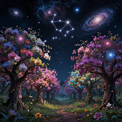 Fantastical night forest scene with glowing starry sky, colorful constellations, luminous trees blooming vibrant flowers, and a magical pathway illuminated