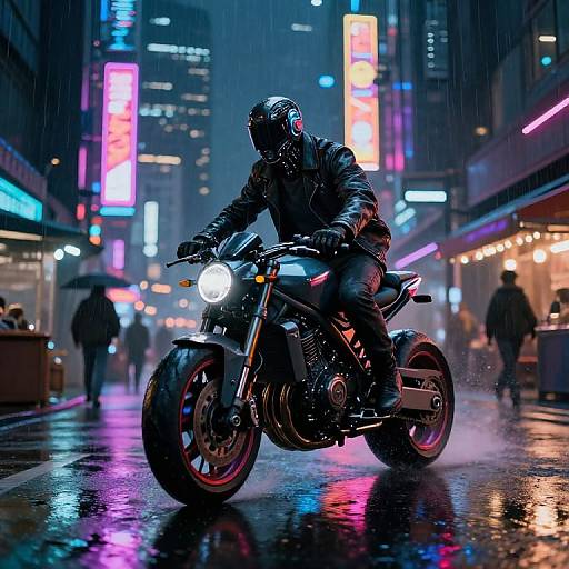 Photorealistic CGI of a hooded, leather-clad motorcyclist riding through a neon-lit, rainy city street at night, with colorful