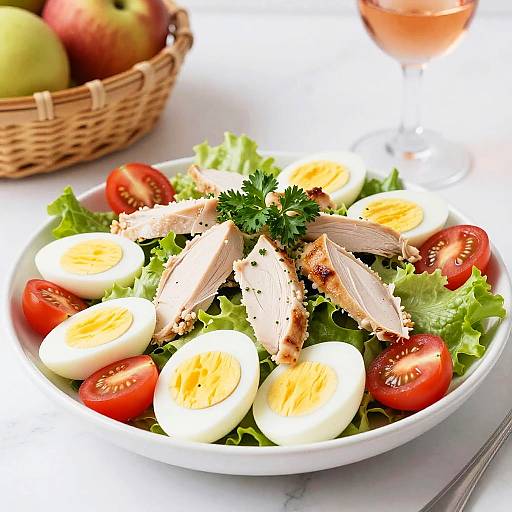 Photograph of a fresh salad with sliced chicken, hard-boiled eggs, cherry tomatoes, lettuce, garnished with parsley, in a white bowl.