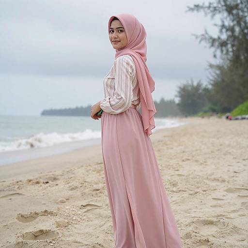 Young Woman in Pink Hijab on Beach