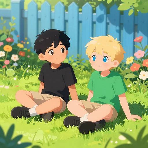 Digital anime-style drawing of two boys sitting on grass in a sunny garden with a blue picket fence, surrounded by colorful flowers. One boy has black