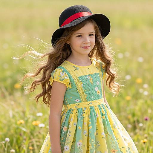 Photograph of a young girl with long brown hair, wearing a yellow-green floral dress and black hat with red band, standing in a sunlit me
