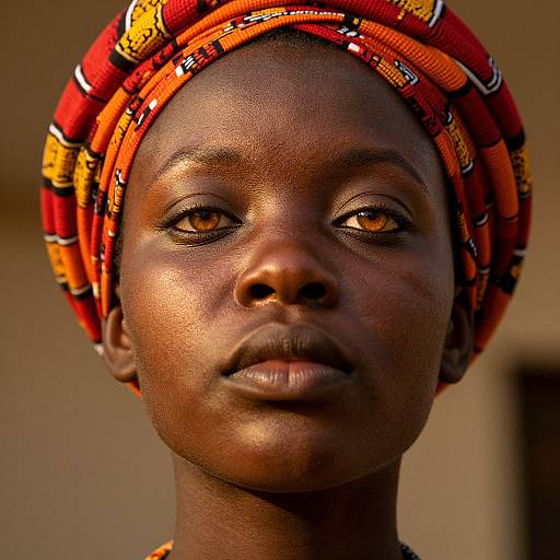 Close-up photograph of a dark-skinned African woman with a red and yellow beaded headwrap, brown eyes, and neutral expression. Warm lighting highlights
