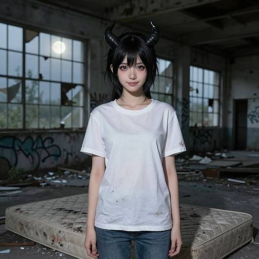 Photorealistic digital artwork of an Asian girl with black horns, messy black hair, white t-shirt, blue jeans, standing in a dilapidated