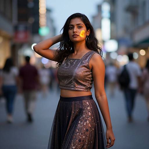Photograph of a confident South Asian woman with long black hair, wearing a sparkly crop top and sequined skirt, standing in a bustling urban street