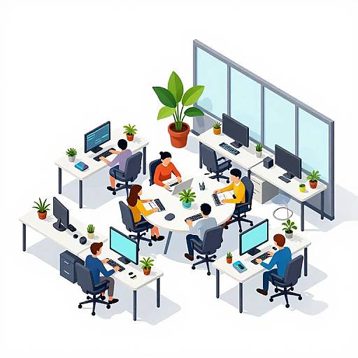 Isometric illustration of six diverse office workers at white desks with computers, potted plants, and large windows, working collaboratively.