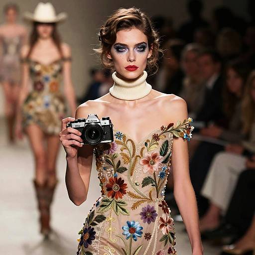 Photograph of a fashion runway model with short, wavy brown hair, wearing a floral lace dress, white turtleneck, holding a camera,